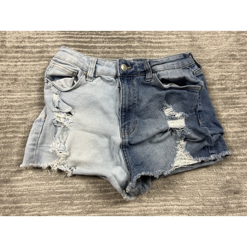 No Boundaries Jean Shorts Womens 9 Blue Two Tone Distressed High Rise Cut Offs